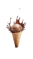 Chocolate Ice Cream Scoop in Waffle Cone with Chocolate Splash png
