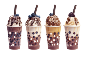 Four Iced Blended Beverages with Chocolate Topping and Berries png