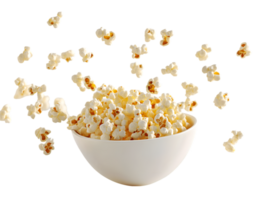Popcorn in White Bowl with Airborne Kernels png