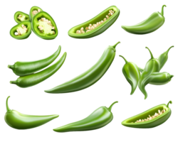 Assorted Green Jalapeno Peppers Whole, Halved, and Sliced Views png