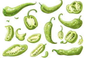 Collection of Green Chili Peppers Whole, Halved, and Segmented Views png