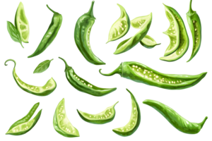 Green Chili Peppers Whole and Sliced png