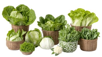 Collection of Leafy Greens and Cabbages in Baskets png
