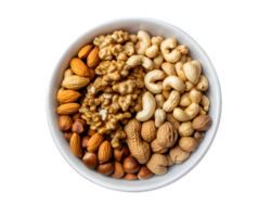Overhead View of Mixed Shelled Nuts in White Bowl png