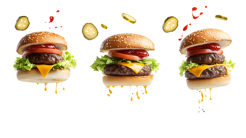 Three Cheeseburgers with Pickles and Ketchup Droplets png