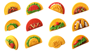 Twelve Simulated Taco Halves with Assorted Fillings png