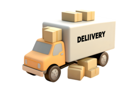 3D illustration of a delivery truck loaded with cardboard boxes symbolizing logistics and transportation services in a playful and approachable design. png