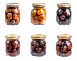 Arrangement of glass jars filled with an assortment of dried fruits showcasing vibrant colors and textures ideal for healthy snacking png