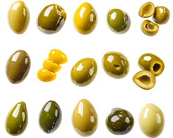 A diverse selection of green and yellow olives displayed artistically highlighting different shapes and textures perfect for culinary use png