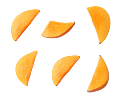 Artistic arrangement of bright orange melon slices showcasing juicy texture on a stark black surface creating a vibrant and appealing visual display png