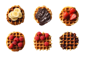 Assorted waffles topped with fresh banana slices chocolate drizzle and vibrant strawberries complemented by juicy raspberries in an enticing arrangement for dessert or breakfast png