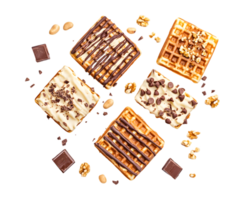 Assortment of delicious waffles topped with rich chocolate and nuts arranged artfully creating a tempting dessert composition png