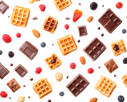 Assortment of delectable waffles and chocolate pieces with fresh berries scattered across dark surface creating tempting dessert display png