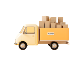Cheerful small yellow delivery truck filled with cardboard boxes ready for logistics and transportation in a fresh and modern design setting. png