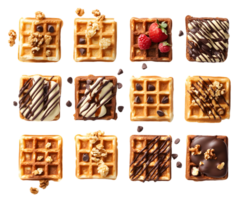 Assortment of delicious waffles topped with chocolate drizzles fresh berries and crunchy nuts arranged in an inviting grid pattern. png