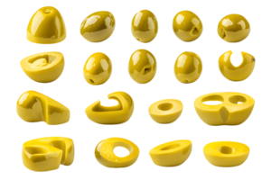 Collection of 16 unique polished yellow abstract forms showcasing diverse designs and glossy finishes arranged in a visually captivating layout. png