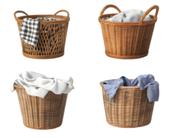 Collection of woven wicker laundry baskets filled with assorted textiles featuring checked and solid patterns in a cozy home setting png