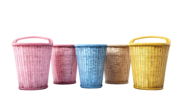 Collection of vibrant woven baskets showcasing intricate craftsmanship in hues of pink, blue, yellow, and natural tones arranged in a decorative display for home organization and style png