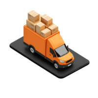 Stylized delivery van loaded with packages positioned on a smartphone representing modern logistics and e-commerce solutions providing fast and efficient services png