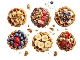 Colorful arrangement of delectable waffles topped with fresh fruits and rich chocolate drizzle on a dark background for an appetizing dessert display png
