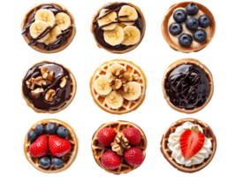 Delicious mini waffle desserts topped with fresh fruits and chocolate displayed in an appealing grid pattern with assorted flavors and textures png