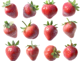 Collection of fresh vibrant strawberries arranged in a grid showcasing their juicy texture and bright red color with green leaves highlighting their ripe quality png
