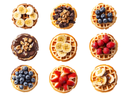 Colorful arrangement of waffles topped with fruits and chocolate creating an appetizing and visually appealing breakfast masterpiece png
