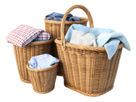 Collection of woven wicker baskets filled with neatly folded textiles in various shades of blue and checkered patterns creating a cozy home atmosphere png