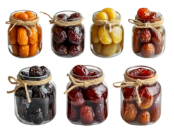 Colorful assortment of jars filled with assorted candied fruits tied with rustic twine showcasing vibrant textures and natural sweetness for a delightful presentation in any setting png