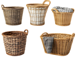 Collection of woven wicker baskets featuring decorative fabric liners in various sizes and shapes perfect for stylish home organization and versatile storage solutions png