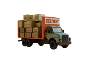 Stylized delivery truck loaded with cardboard boxes showcasing a prominent delivery sign in soft colors for a friendly appearance png