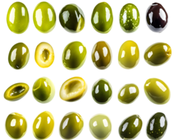 Diverse assortment of various olives featuring shiny surfaces and vibrant colors highlighting different shapes and shades for culinary use and healthy snacking png