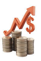 Dynamic representation of financial growth with stacked coins and bold upward arrow symbolizing increasing profits and economic prosperity png
