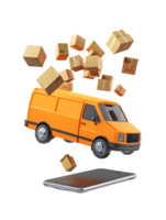 Dynamic scene with vibrant orange delivery van surrounded by flying cardboard boxes symbolizing modern logistics and digital commerce innovations png