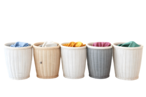 Five woven baskets filled with colorful soft fabric rolls displayed neatly to create a stylish and organized home decor element png