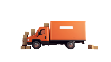 Orange delivery truck loaded with cardboard boxes ready for transport in an outdoor setting with emphasis on logistics and distribution operations. png
