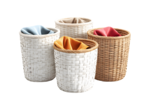 Four decorative wicker storage baskets filled with colorful soft fabric creating an organized and stylish display for home decor png