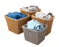 Four woven baskets filled with colorful towels in an organized laundry setup showcasing neat and tidy domestic decor solutions. png