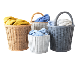 Four beautifully woven baskets filled with vibrant blankets in shades of yellow, blue, and white perfectly arranged for a cozy and organized home atmosphere. png