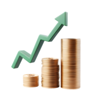 Stacks of gold coins showing upward trend with arrow symbolizing financial growth and success in investment and economy png