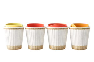Set of four decorative containers featuring textured surfaces filled with colorful paper strips in hues of yellow, orange, and red ideal for organizing and enhancing any space png