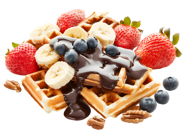 Indulgent waffles topped with fresh strawberries, blueberries, and banana slices drizzled with rich chocolate sauce and garnished with pecans for a delightful breakfast experience png