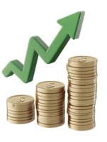 Stacks of golden coins with green upward arrow symbolizing financial growth and prosperity in an optimistic economic landscape png