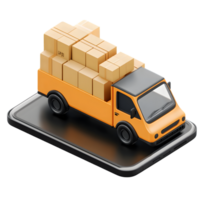 Stylized delivery truck loaded with cardboard boxes on a reflective platform highlighting modern logistics and transportation solutions in vibrant yellow and black tones. png