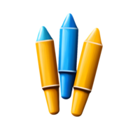 Three vibrant crayons in bright blue and yellow colors arranged playfully to inspire creativity and artistic expression for children and art enthusiasts in educational settings png
