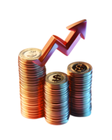 Stacks of shiny coins with a vibrant upward arrow symbolizing financial growth and success in investment strategies and wealth management. png