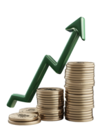 Symbolizing financial growth and prosperity a green upward arrow rises above stacks of shiny gold coins reflecting success in investments and wealth accumulation png