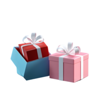 Two vibrant and beautifully wrapped gift boxes in pink and red with white ribbons showcasing delightful surprises for special occasions png