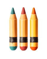 Three vibrant colored crayons in teal, red, and orange showcasing their unique wooden texture designed for creative expression and artistic projects png