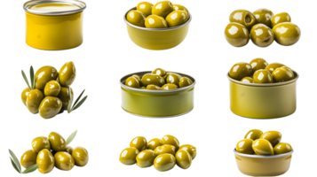 variedade do verde azeitonas dentro diferente containers exibindo frescor e culinária versatilidade para saudável cozinhando e Beliscando opções. png